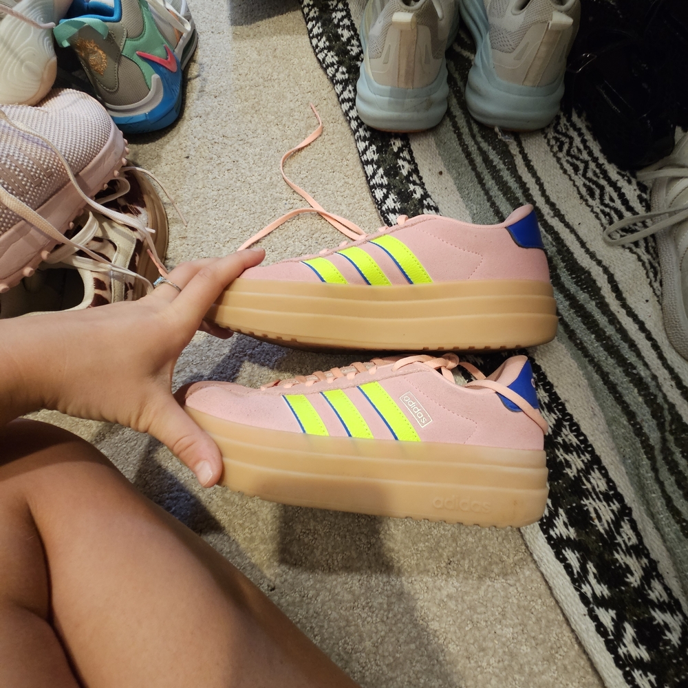 Adidas Women's Pink and Neon Yellow Sneakers